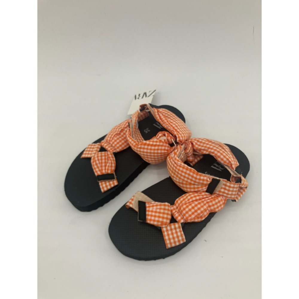 Zara‎ Sandals Girls US 3.5 Orange Checkered Gingham Open Toe Platform Strappy